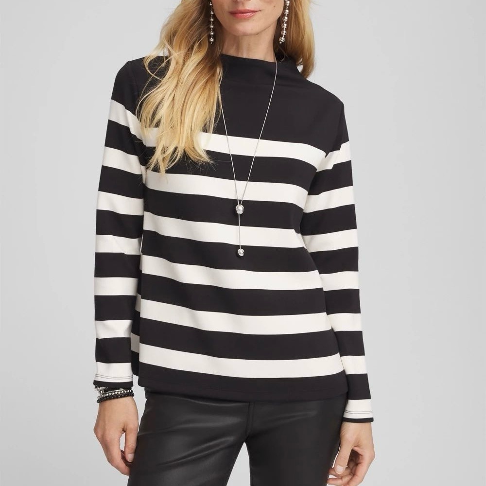 Chicos Black & White Striped Mock Neck Top US Size XXL 20/22 Soft Modal Blend